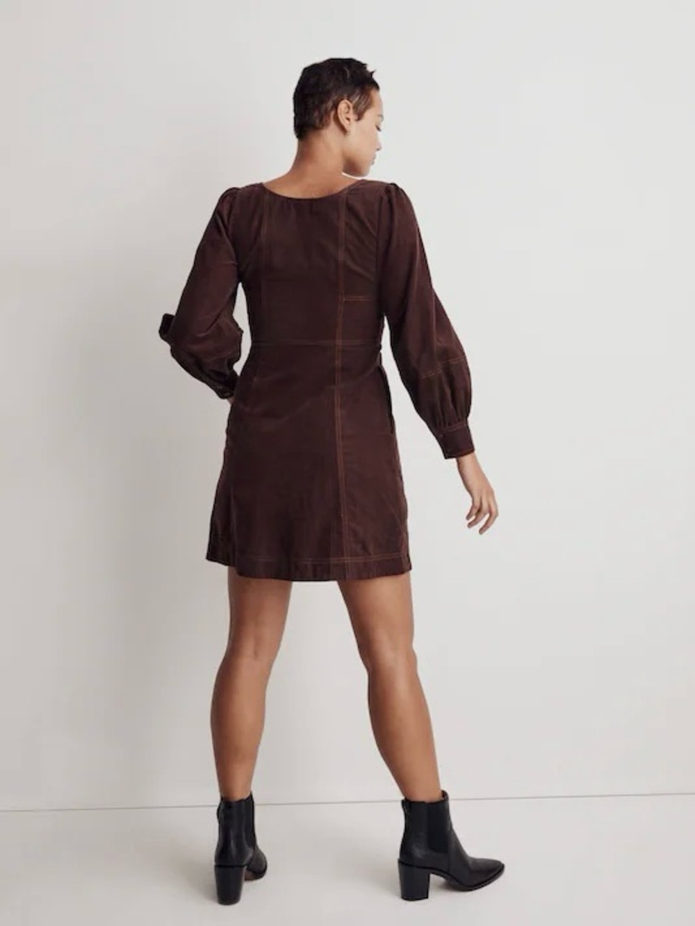 Madewell Dress Corduroy Seamed Long-Sleeve Mini Button Front Western Brown Sz 00 - Picture 2 of 13